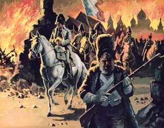 Napoleon reitet durch das brennende Moskau